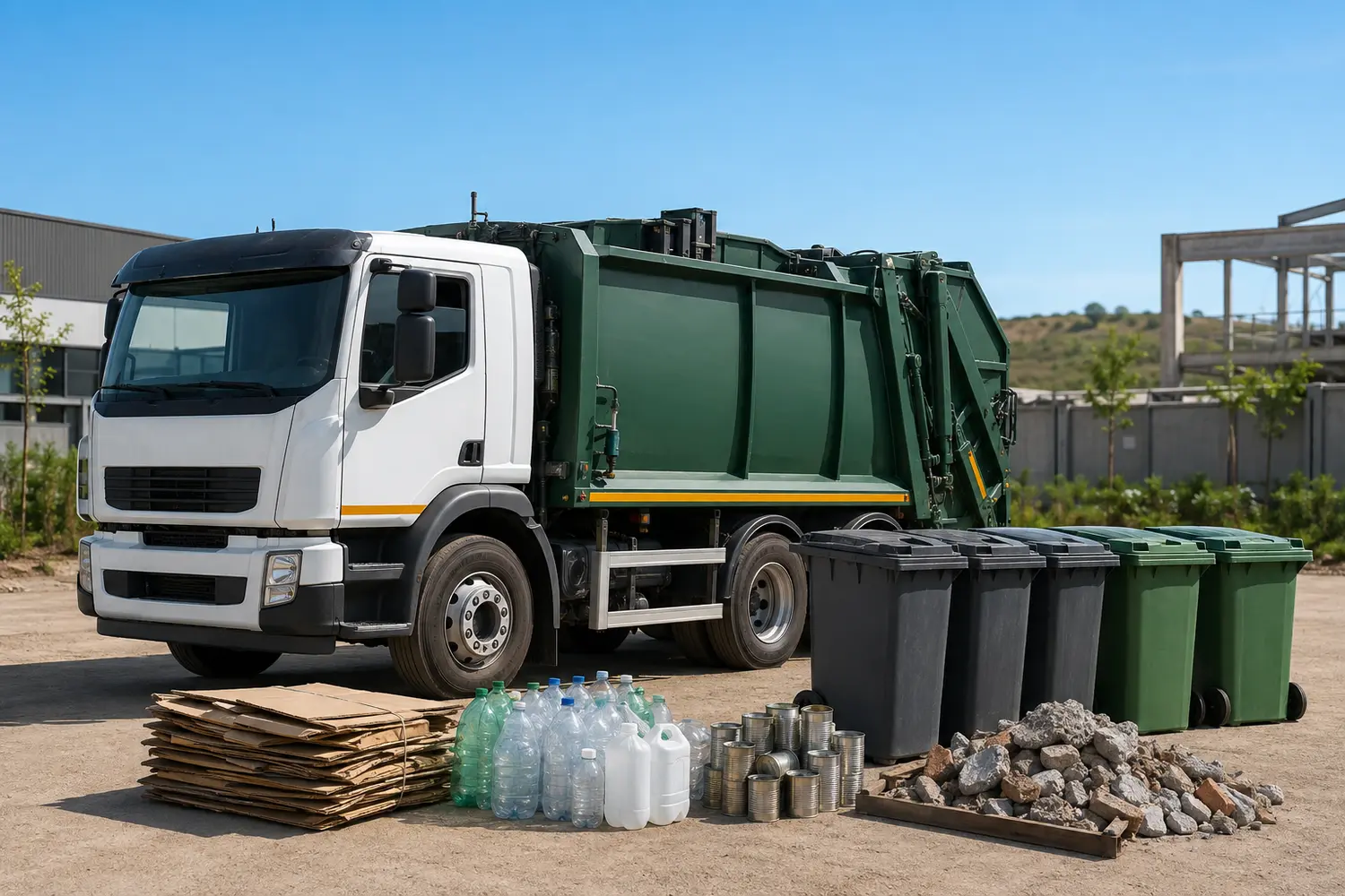 Waste collection truck with organised bins and recyclable material